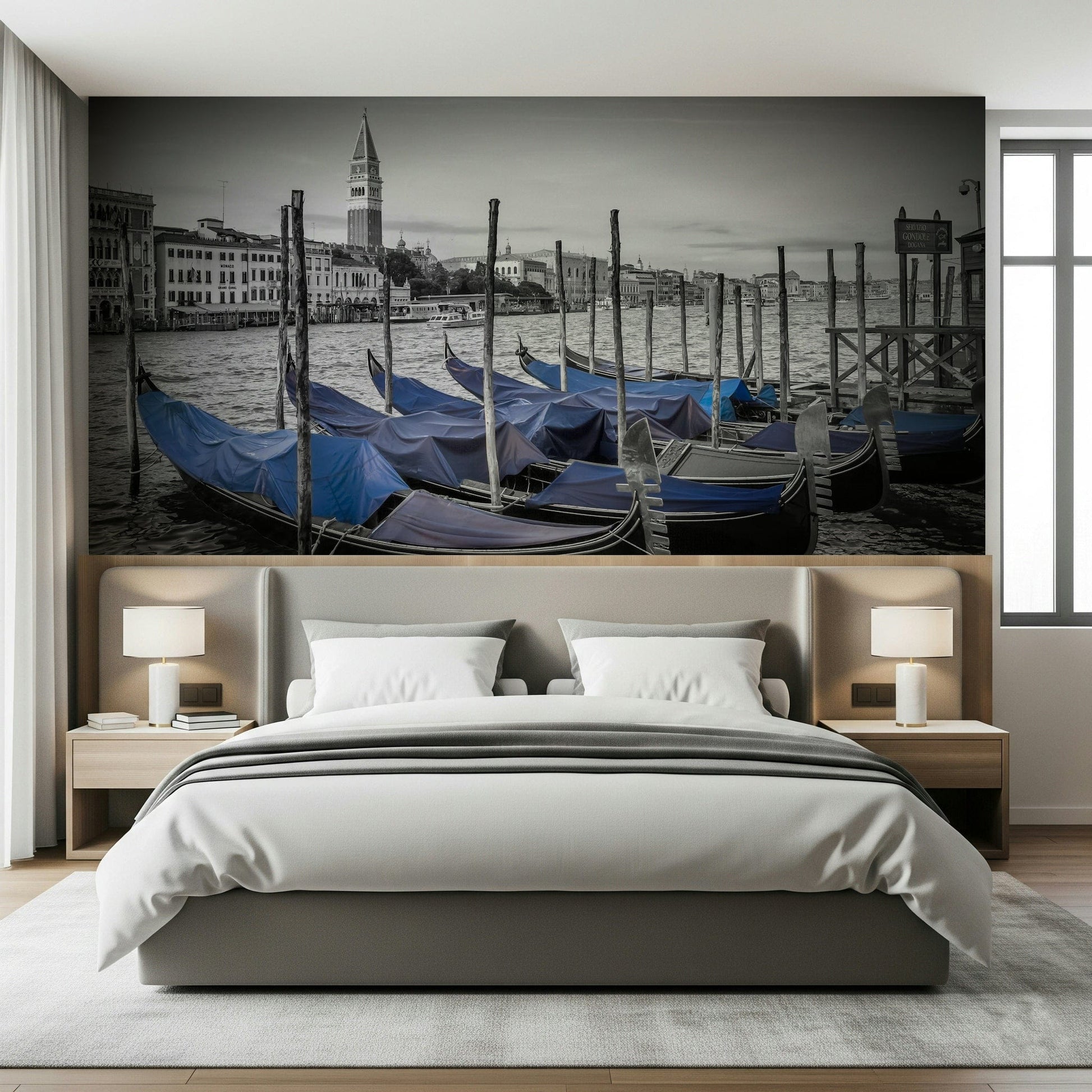 Living room wall decor mural of Grand Canal, boats, and Campanile tower view