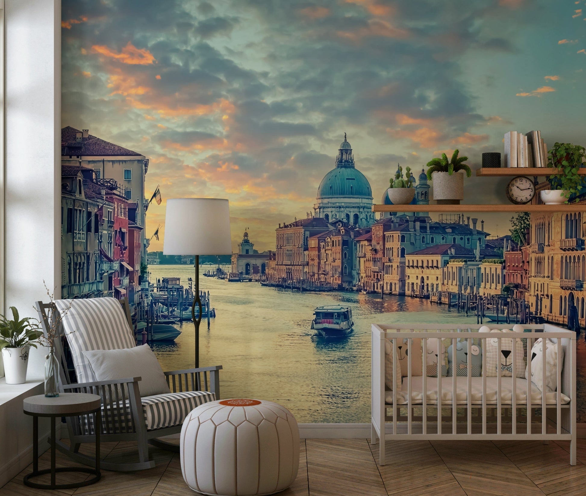 Atmospheric Venice wall décor wallpaper for walls boats piers.