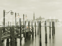 Wood pier structure, dark posts, Quiet Waterside Reflection home decor.