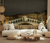 Rialto Bridge night wall mural in living room, canal reflections and monochrome-friendly home décor