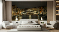 Venice canal at night wallpaper mural in flat bedroom, calm décor with white bedding