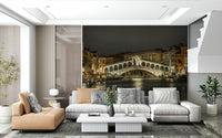 Dark canal wall mural in hallway, clean trim and simple décor accents