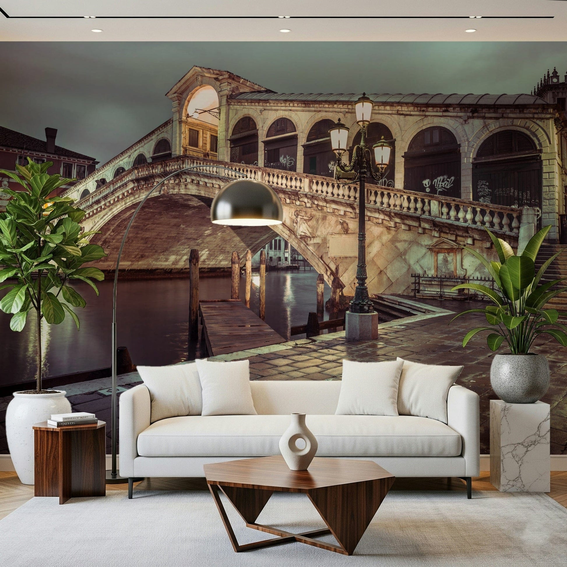Rialto Bridge structure, canal scenery, interior design accent, premium wall covering.
