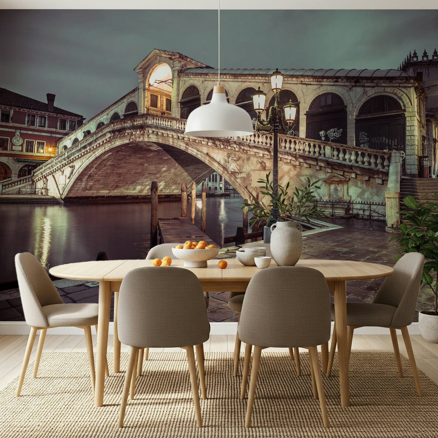 Historic Rialto Bridge wall graphic, water reflection, classic railing, beautiful design.