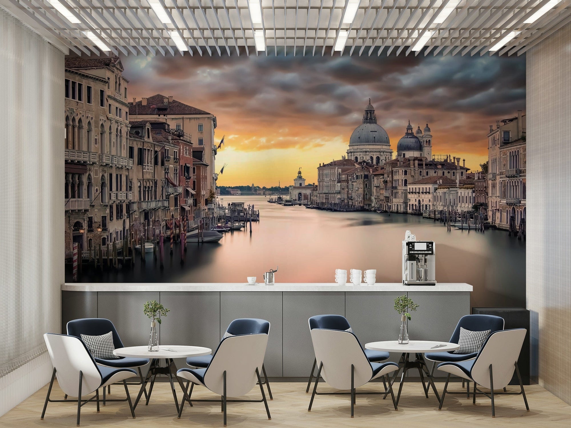 Grand Canal Sunset wallpaper mural of a domed basilica in a cafe with a coffee counter and blue chairs