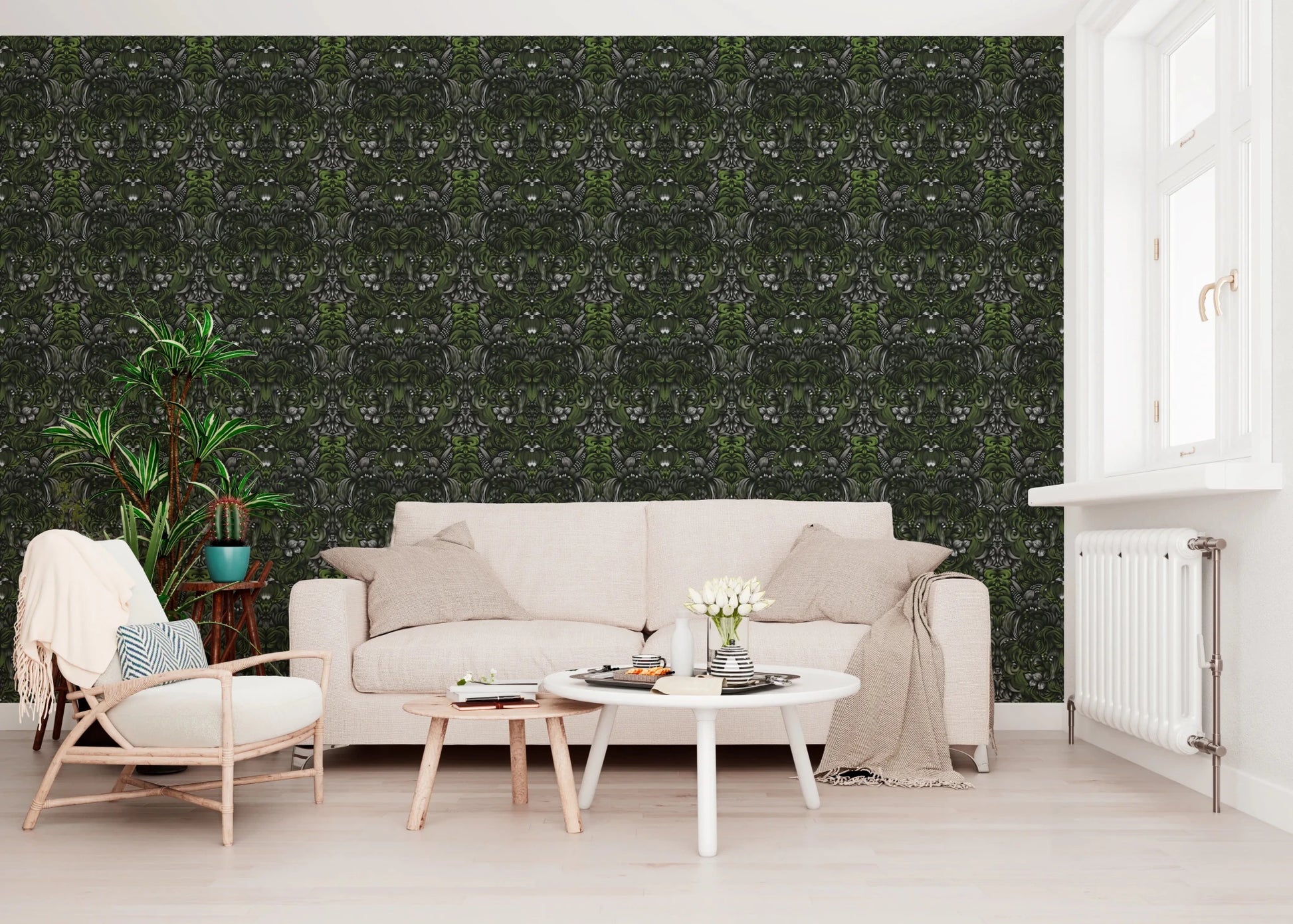 Verdant Damask Jungle Tapestry style Green Forest Wallpaper⁠