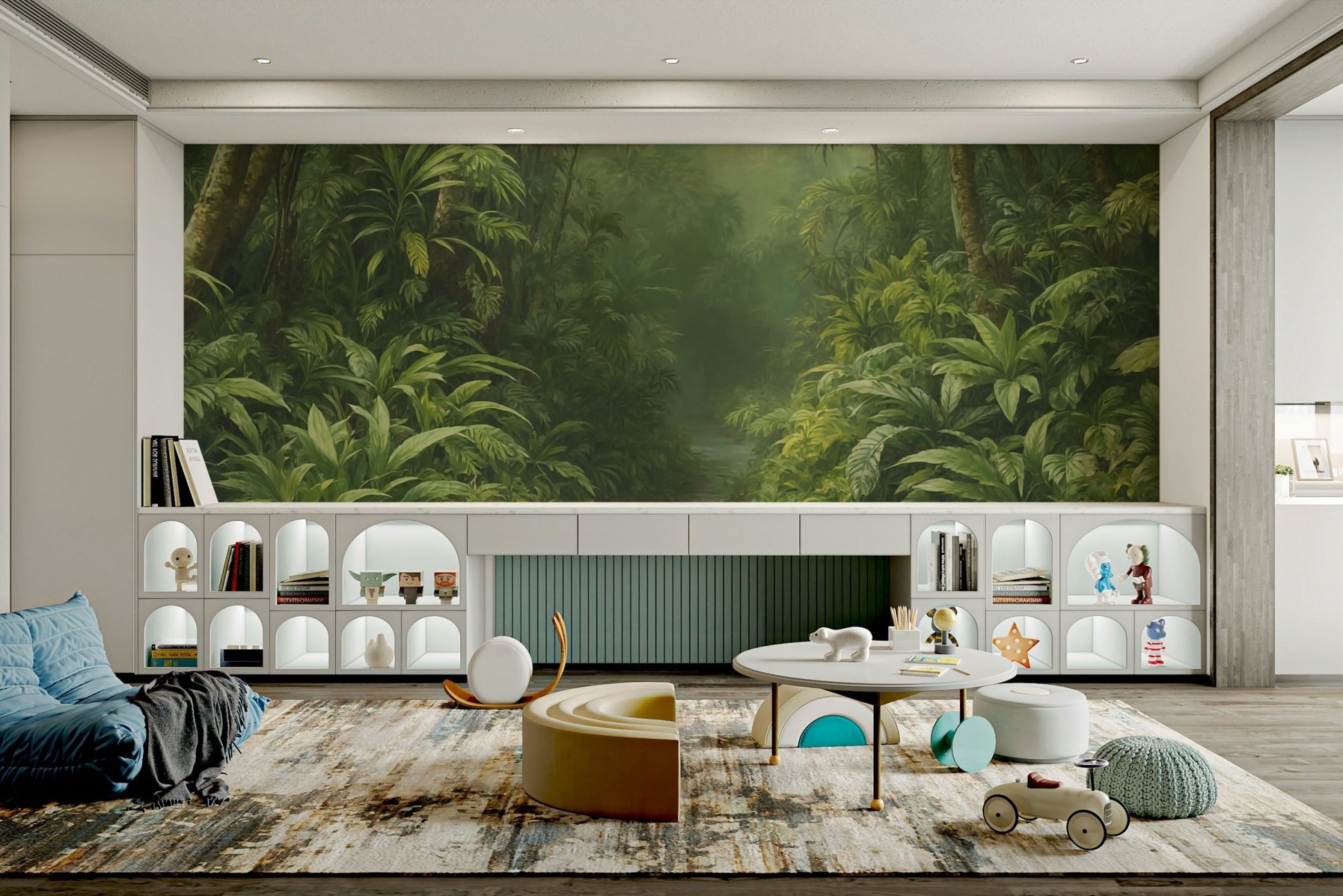 The mural is installed in a modern, quiet living room.

