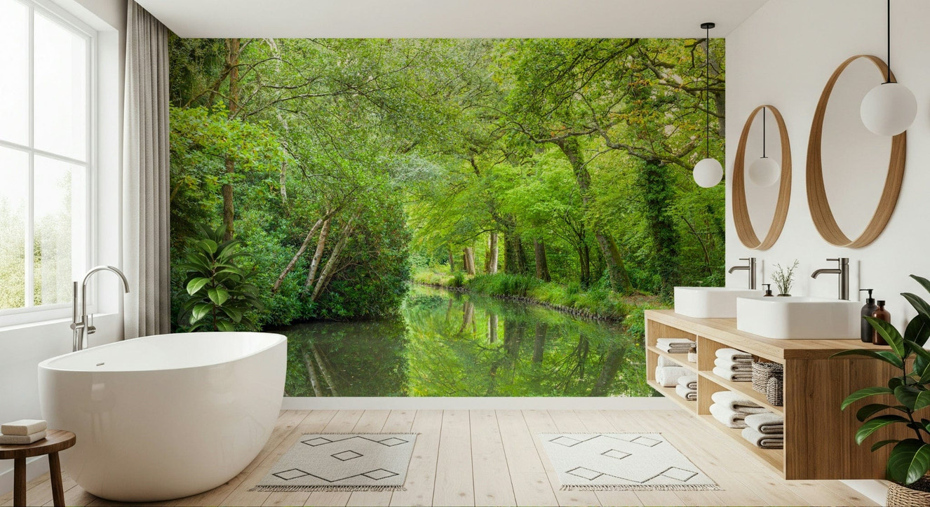 Charming forest scene, Verdant Stream wallpaper for walls, an unspoiled, pristine view.