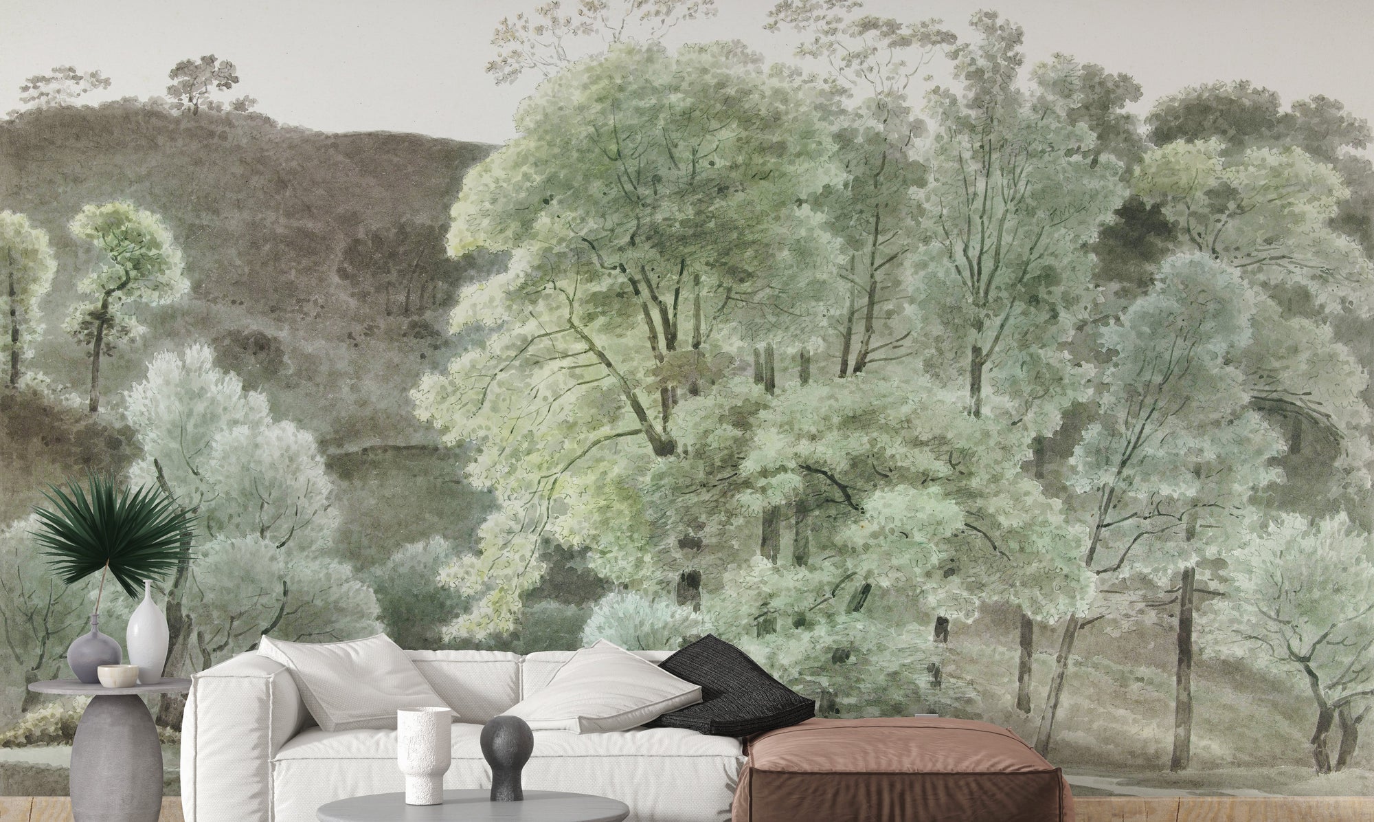 Green Verdant Watercolor Leafy wallpaper mural shown as a full feature wall that highlights the design