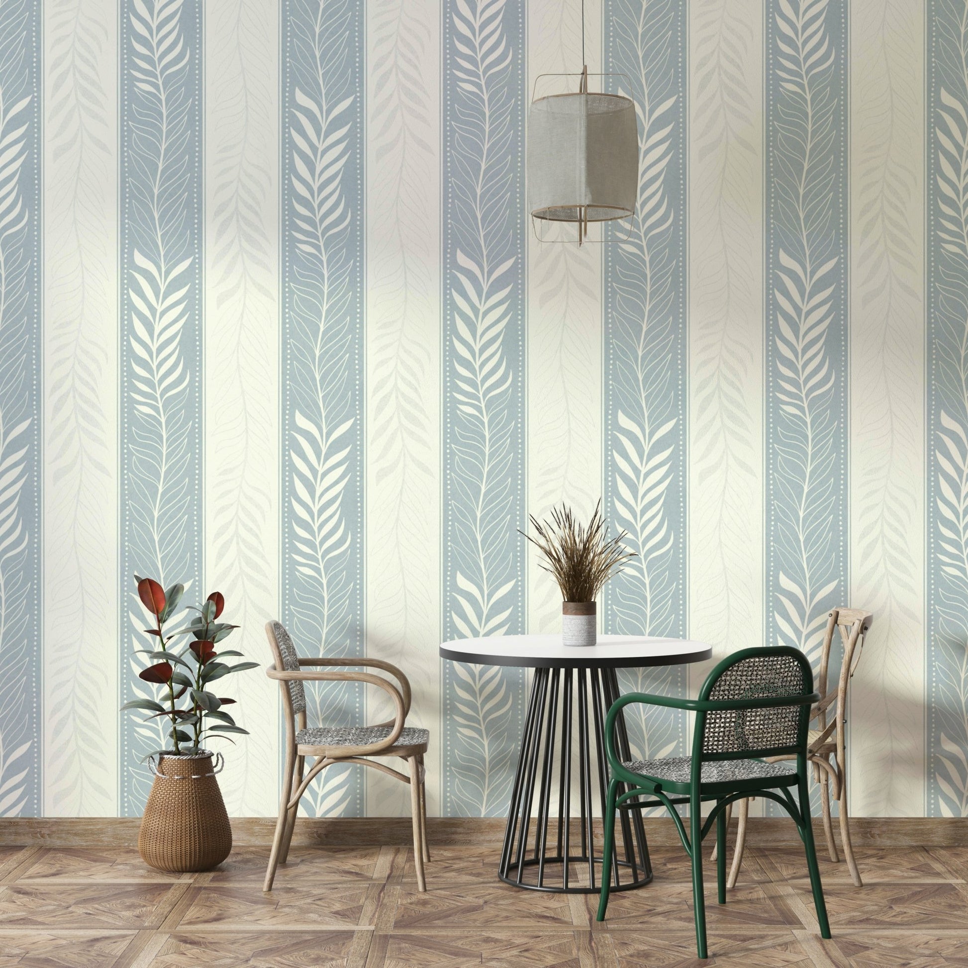 Vertical foliage wallpaper creating a lively, fresh atmosphere


