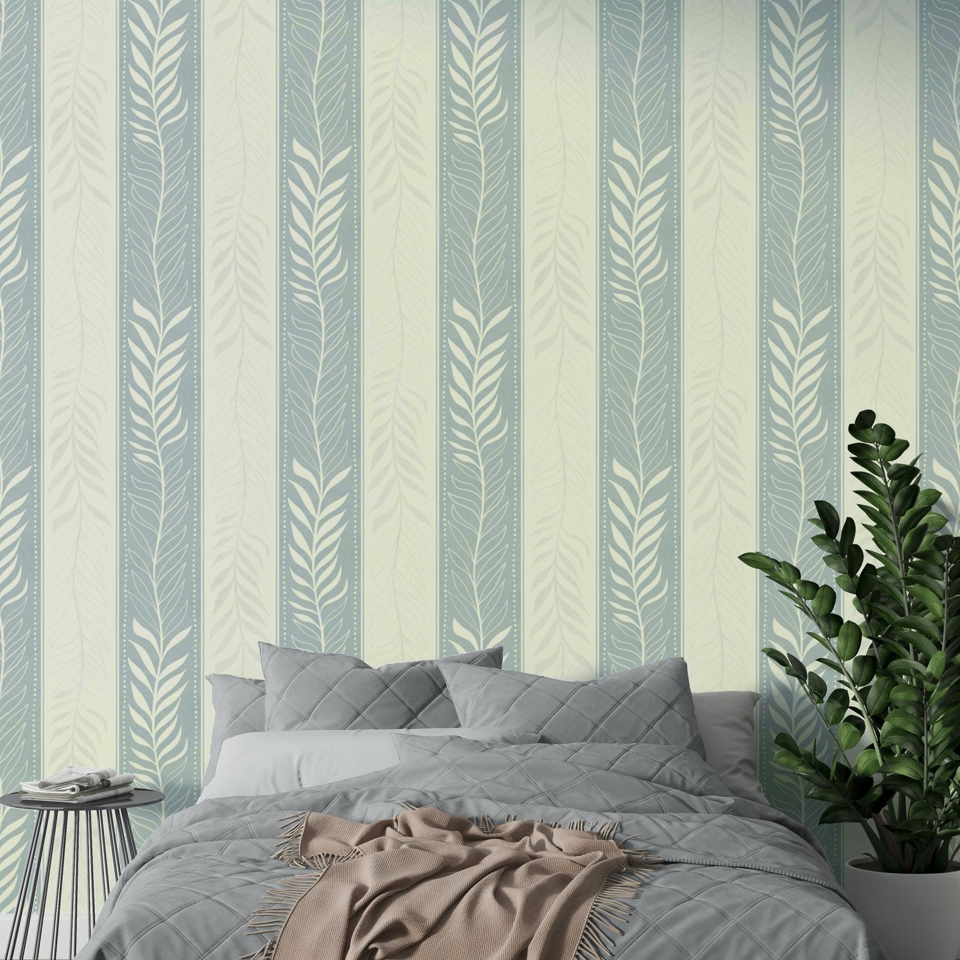 Detailed vertical foliage wallpaper creating a soothing ambiance

