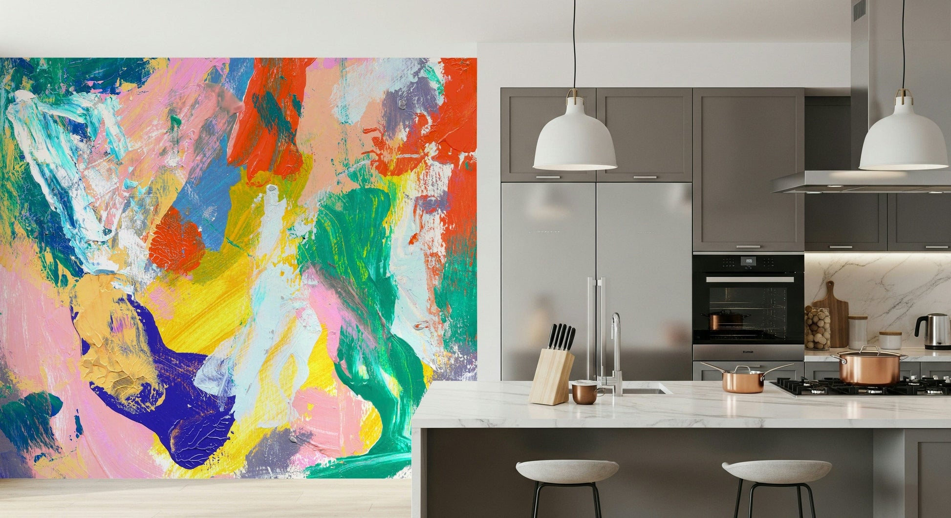 Large scale text mural used in a contemporary studio apartment setting.