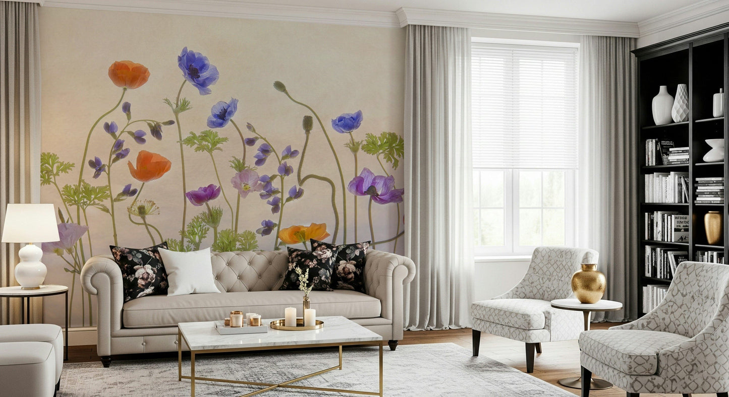 A contemplative flower pattern wallpaper mural for a feature wall.

