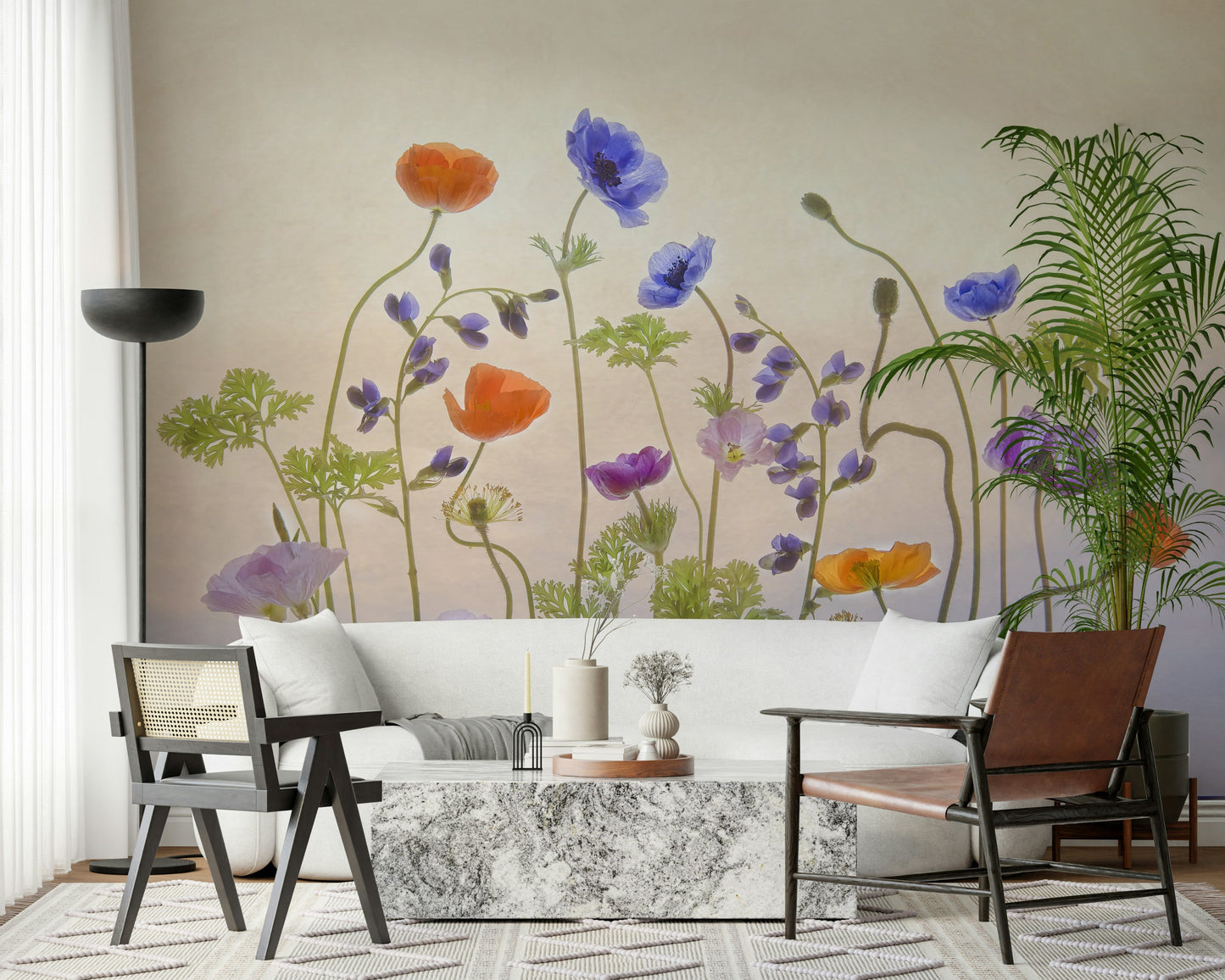 A beautiful vibrant floral wallpaper mural for a modern home.

