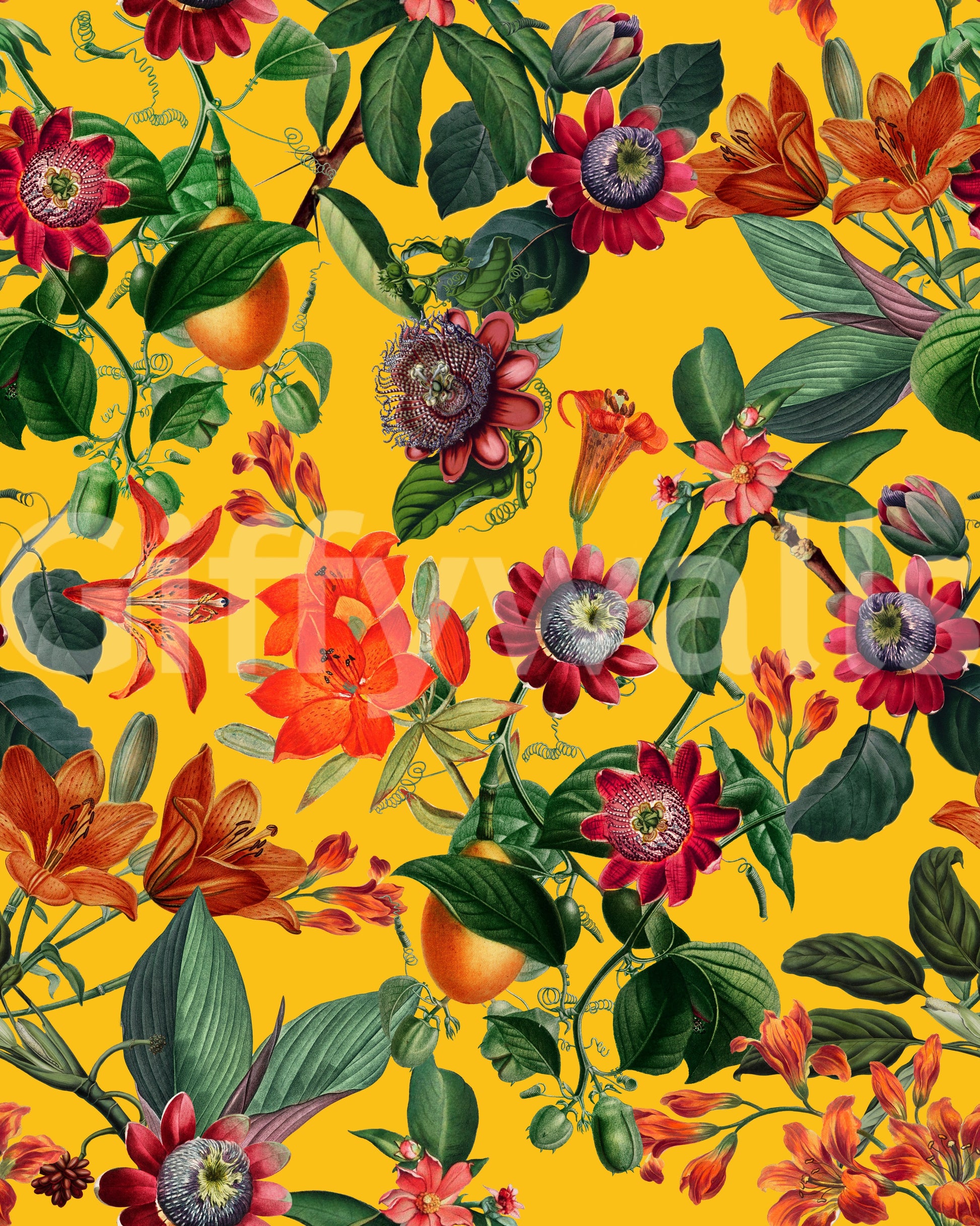 Rich botanical wallpaper featuring bright flowers and lush plants.

