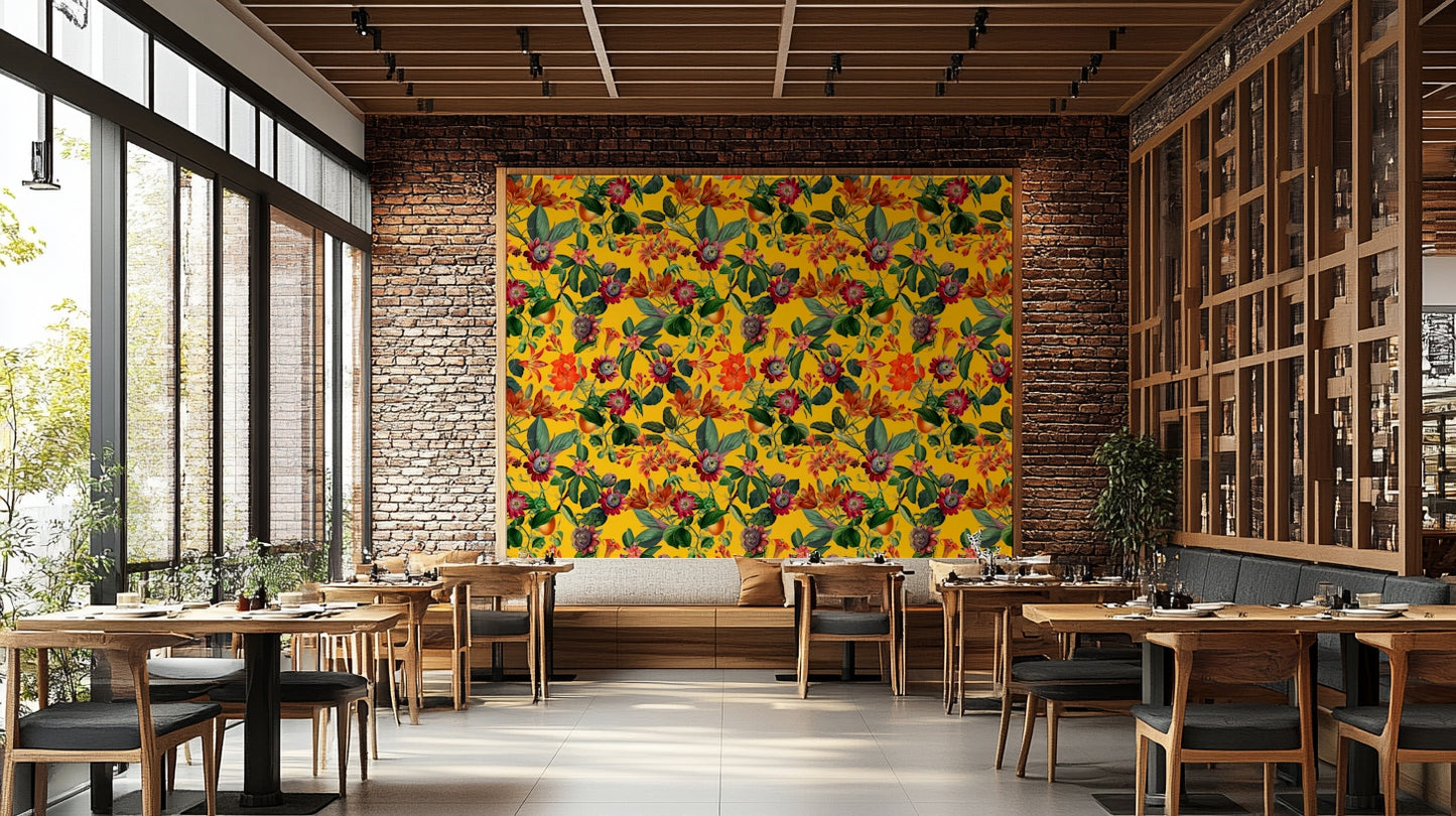 Close-up of vibrant botanical rhapsody wall mural with greenery.

