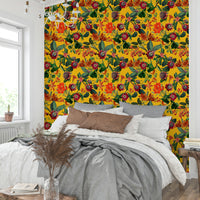 Vibrant botanical wallpaper mural with colorful flowers and leaves.

