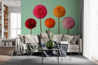 Botanical Vibrant Dahlias living room Wall Mural showcasing autumnal hues.