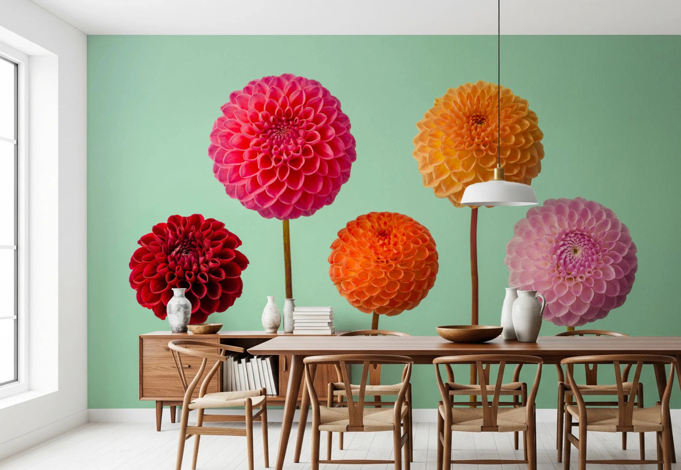 Floral art design of the Vibrant Dahlias dining room Wall Mural on mint green.