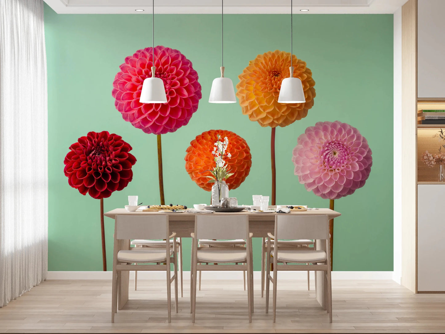 Minimalist Vibrant Dahlias Wall Mural with bright, warm flower tones.
