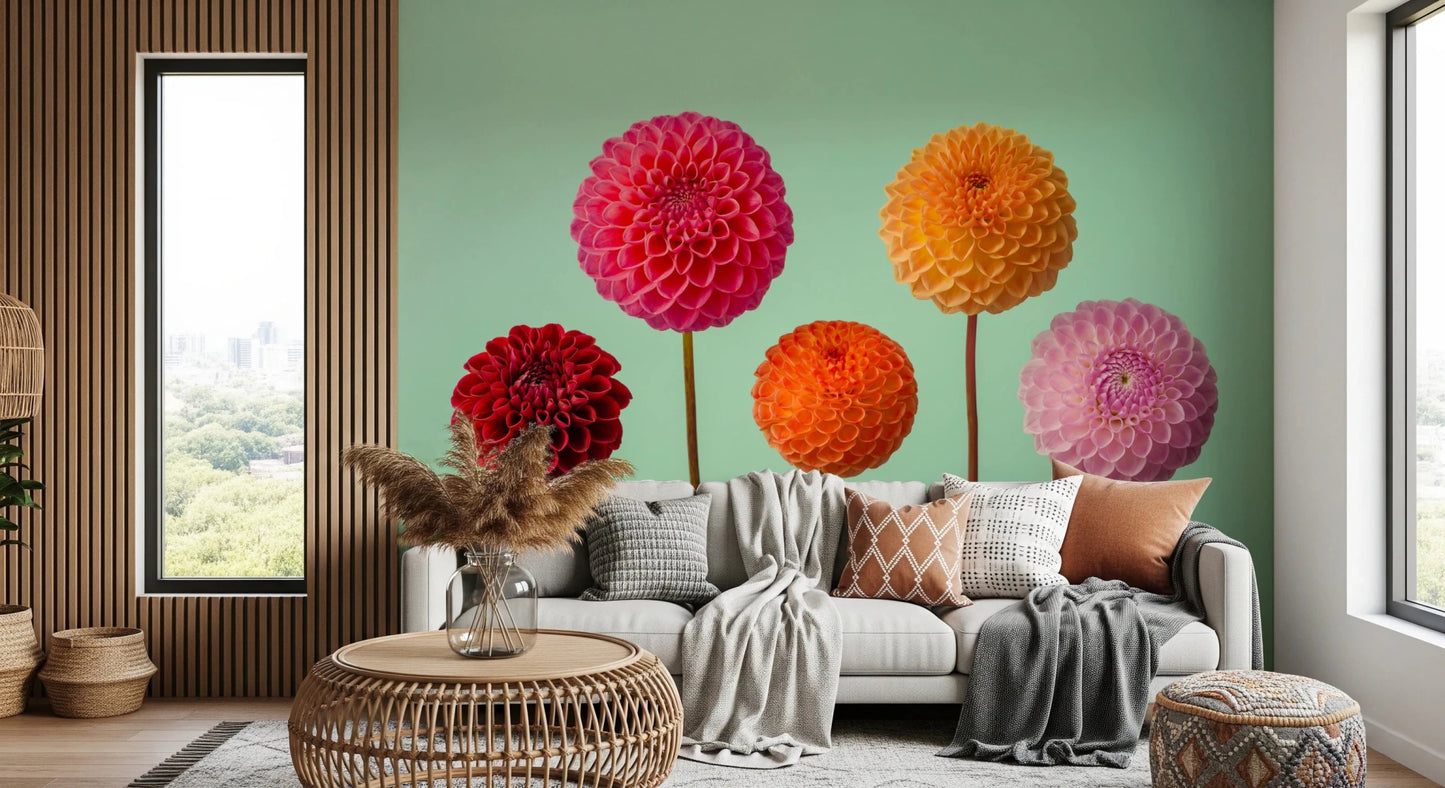 The Vibrant Dahlias hallway Wall Mural with a soft and muted backdrop.