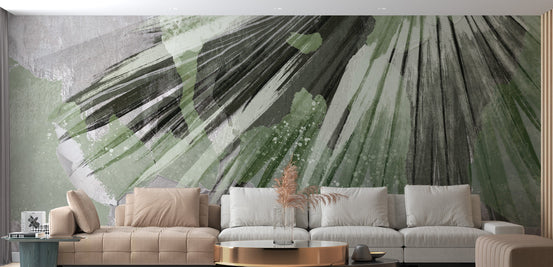 Exotic Tropical Leaf wallpaper mural of green palm fronds behind a cream sectional sofa in a modern living room