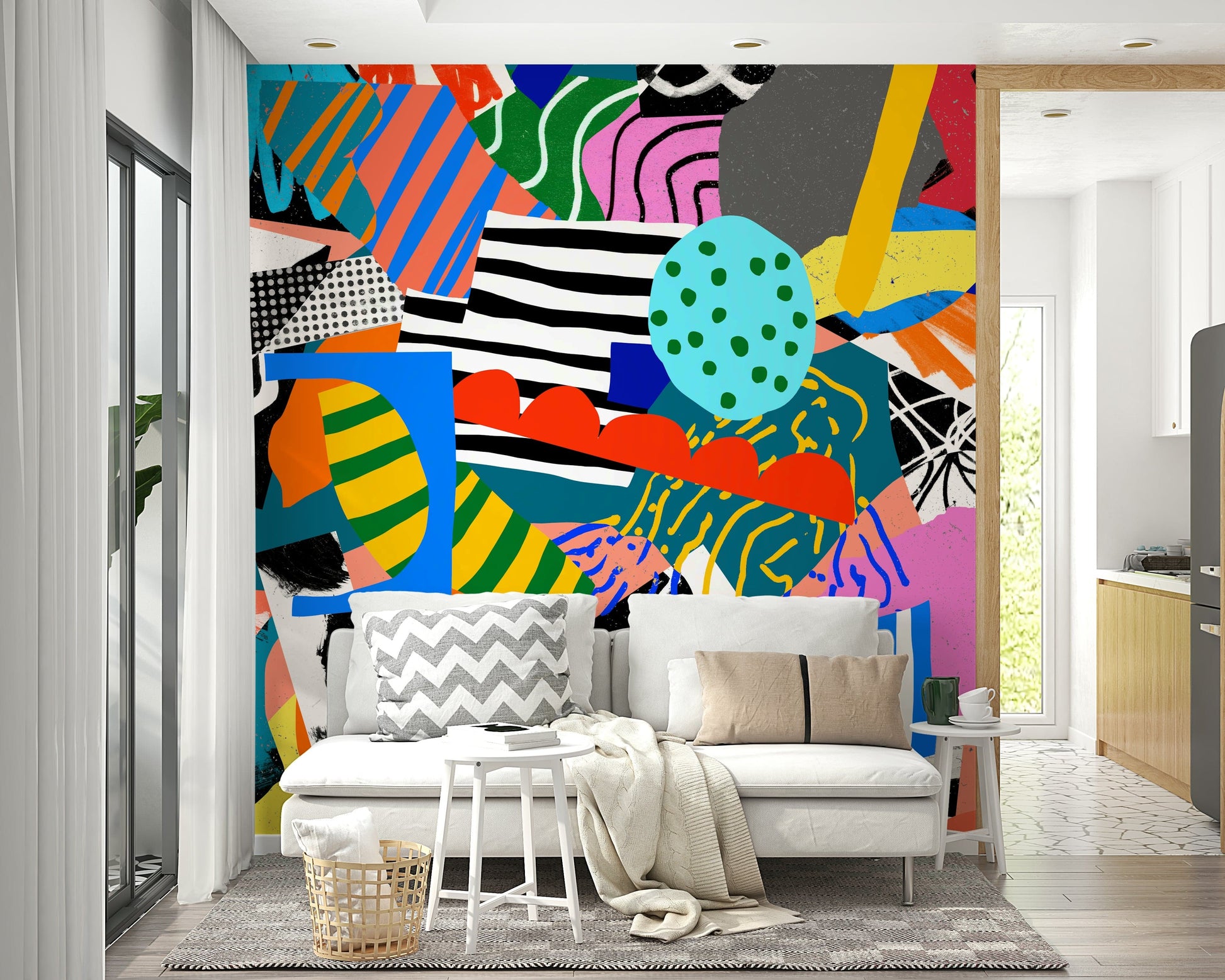 An artistic expressive abstract mural on minimalist wallpaper.

