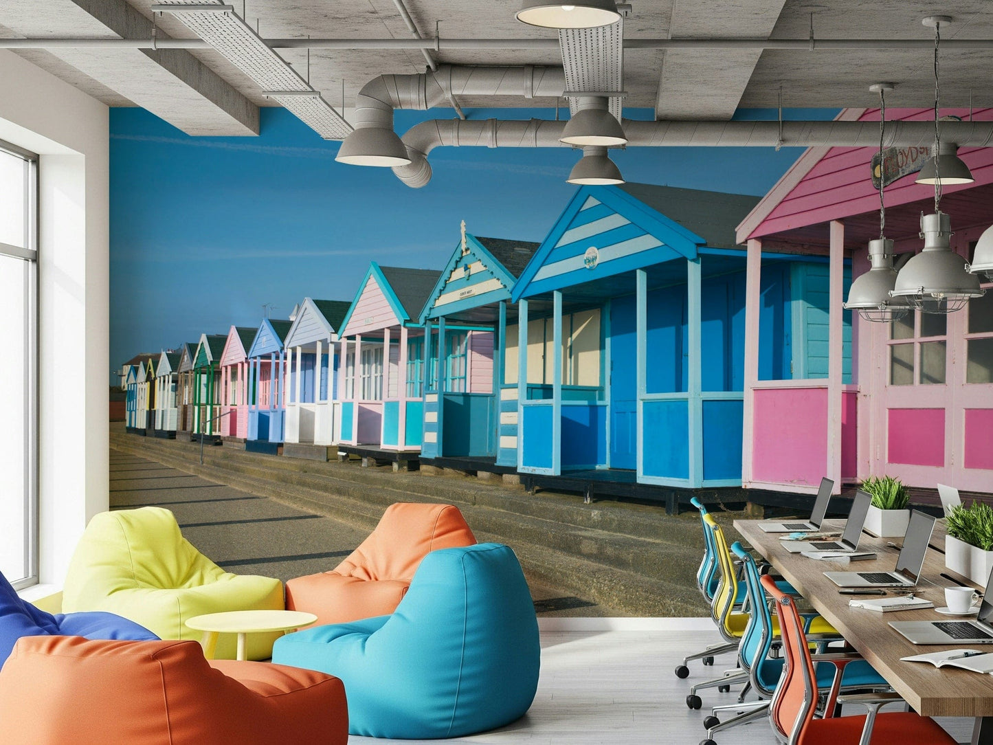Beach promenade wall mural with cabins