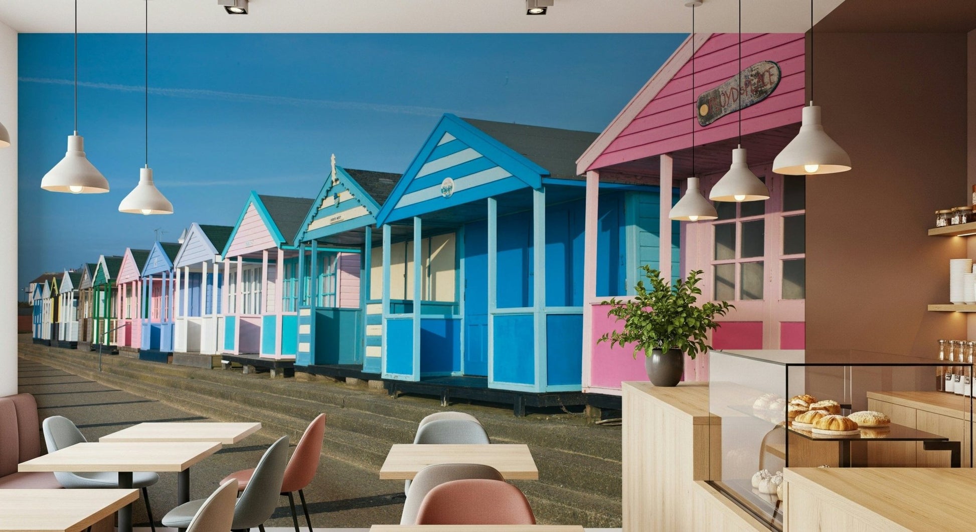Seaside cottages wall mural in pastel tones