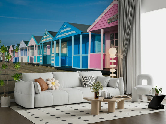 Colorful beach huts wall mural by seaside
