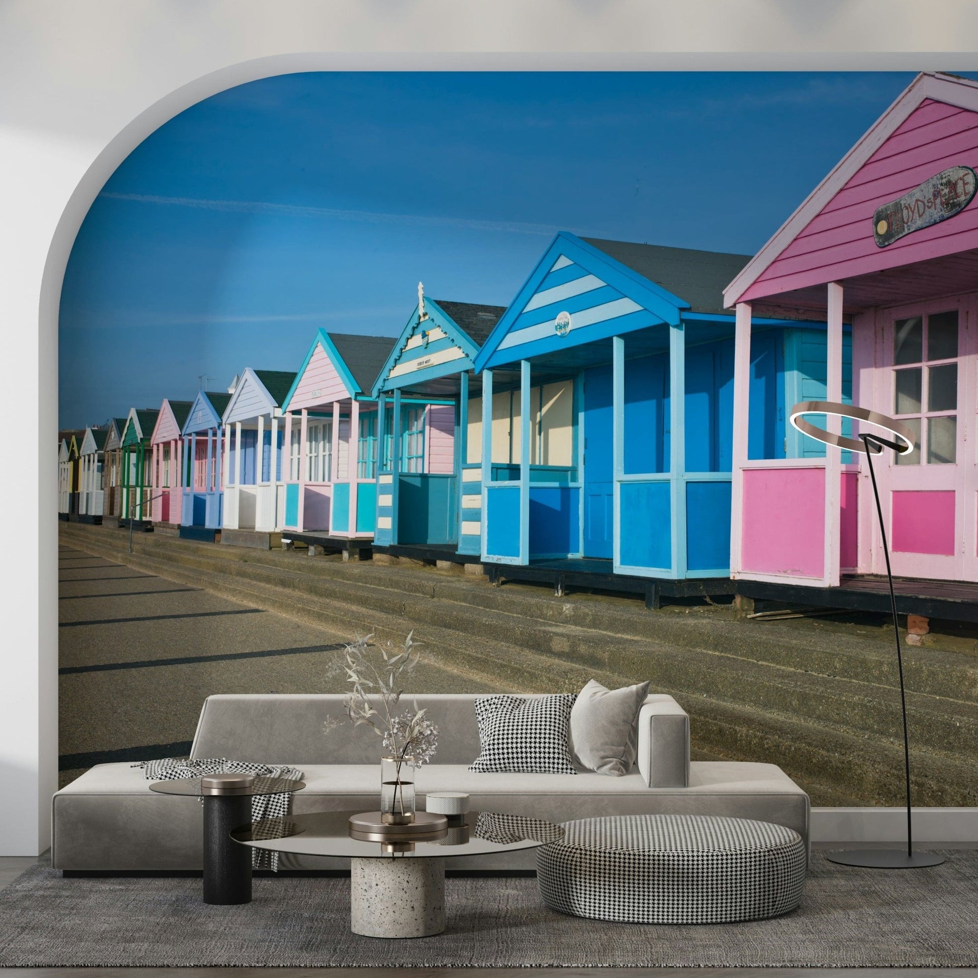 Pastel coastal cabins wall mural in sunlight