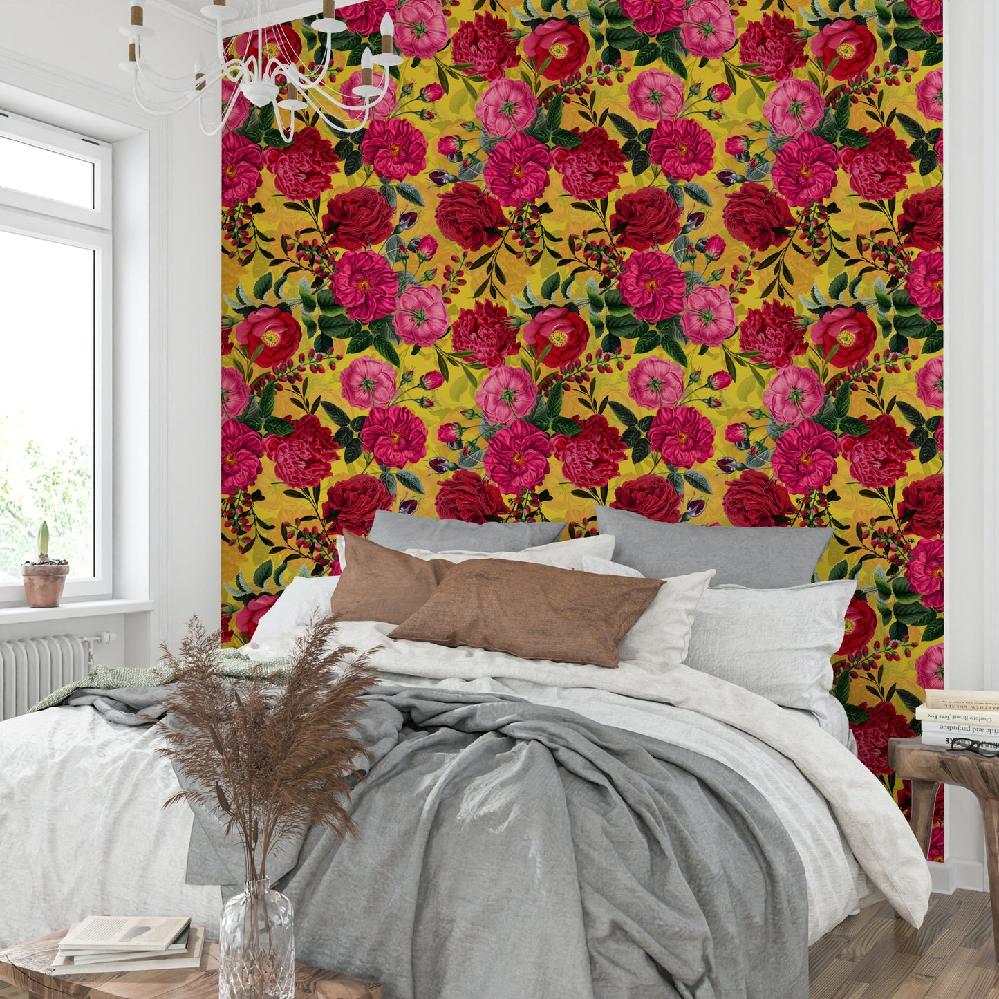 Close-up of vibrant vintage rose mural with bold floral designs.


