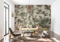 The wallpaper highlights intricate spring flowers arranged on slender stems against a warm background.