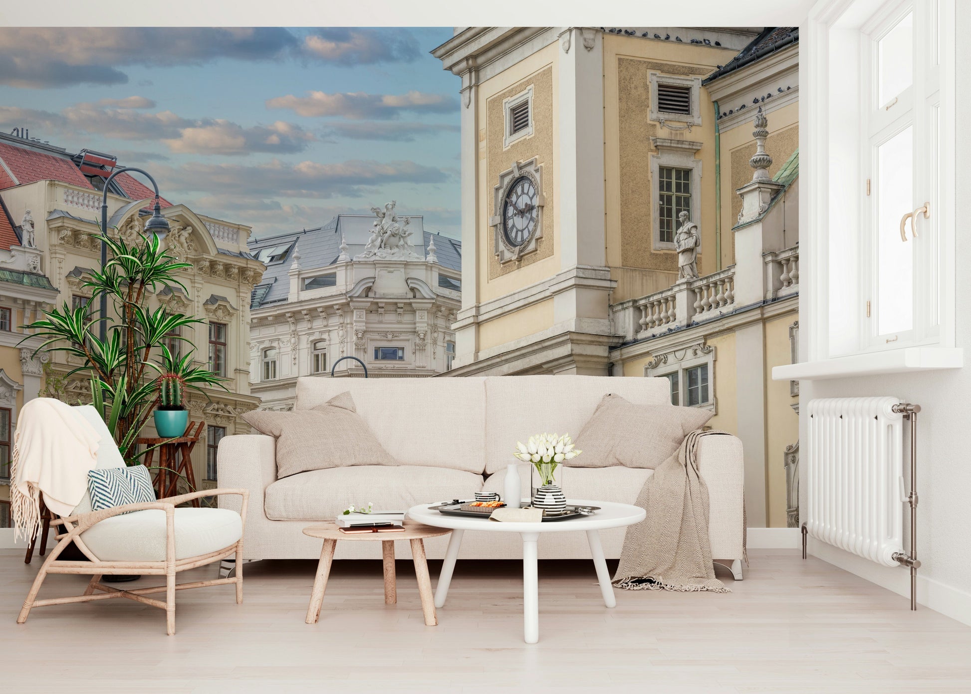 Vienna buildings wall mural in lounge, muted color scheme, focal feature wall