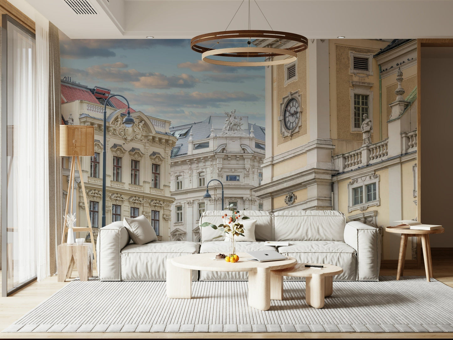 Historic Vienna street façade wall mural behind sofa, classic European style, warm tones
