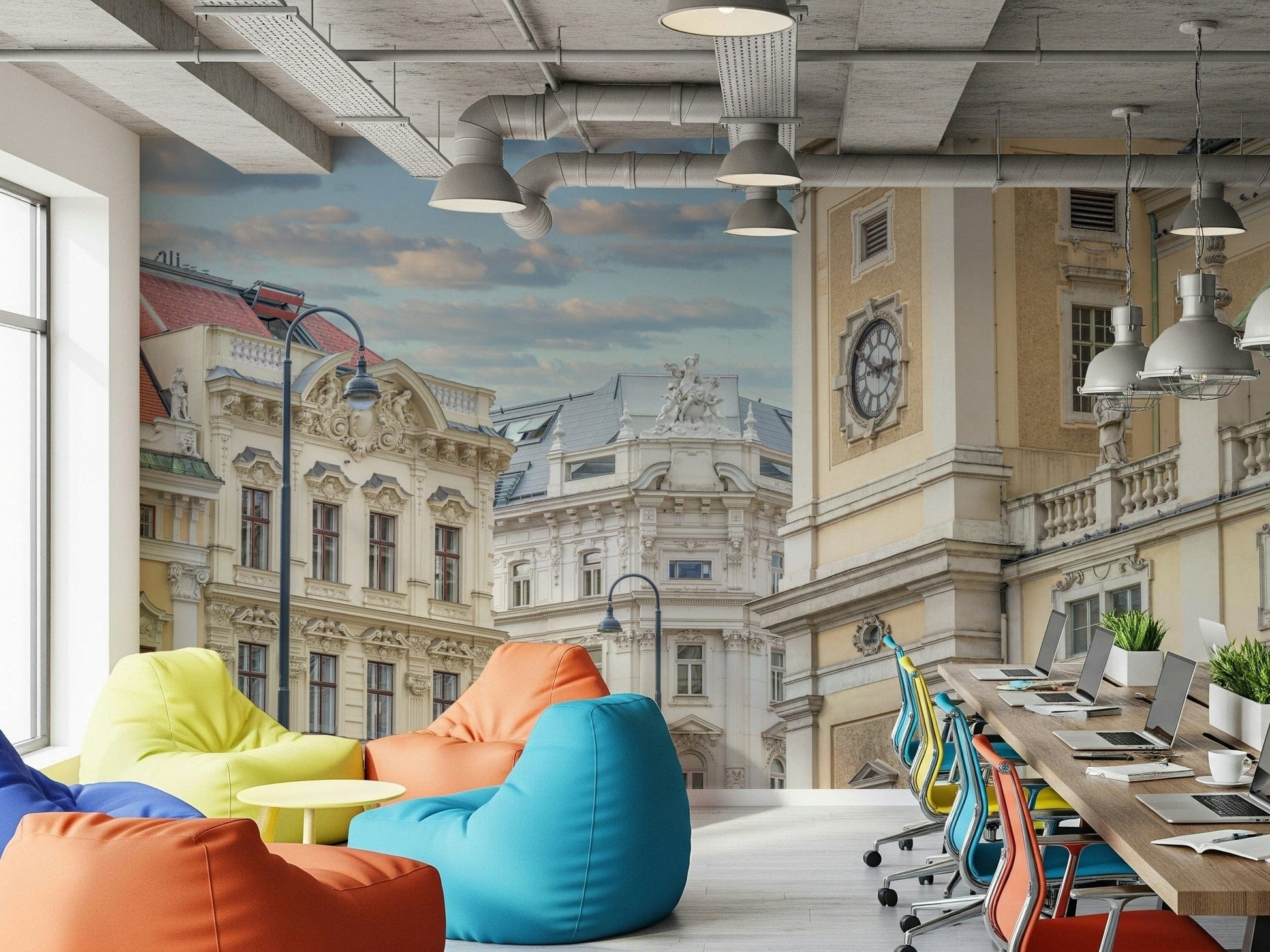Detailed Vienna buildings mural in apartment bedroom, calm beige and stone colors