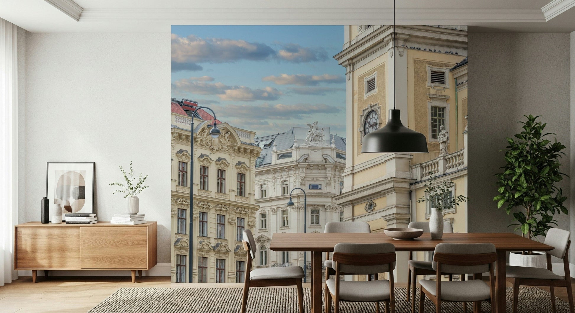 Vienna city architecture mural in dining room, classic lines, modern wall decor styling