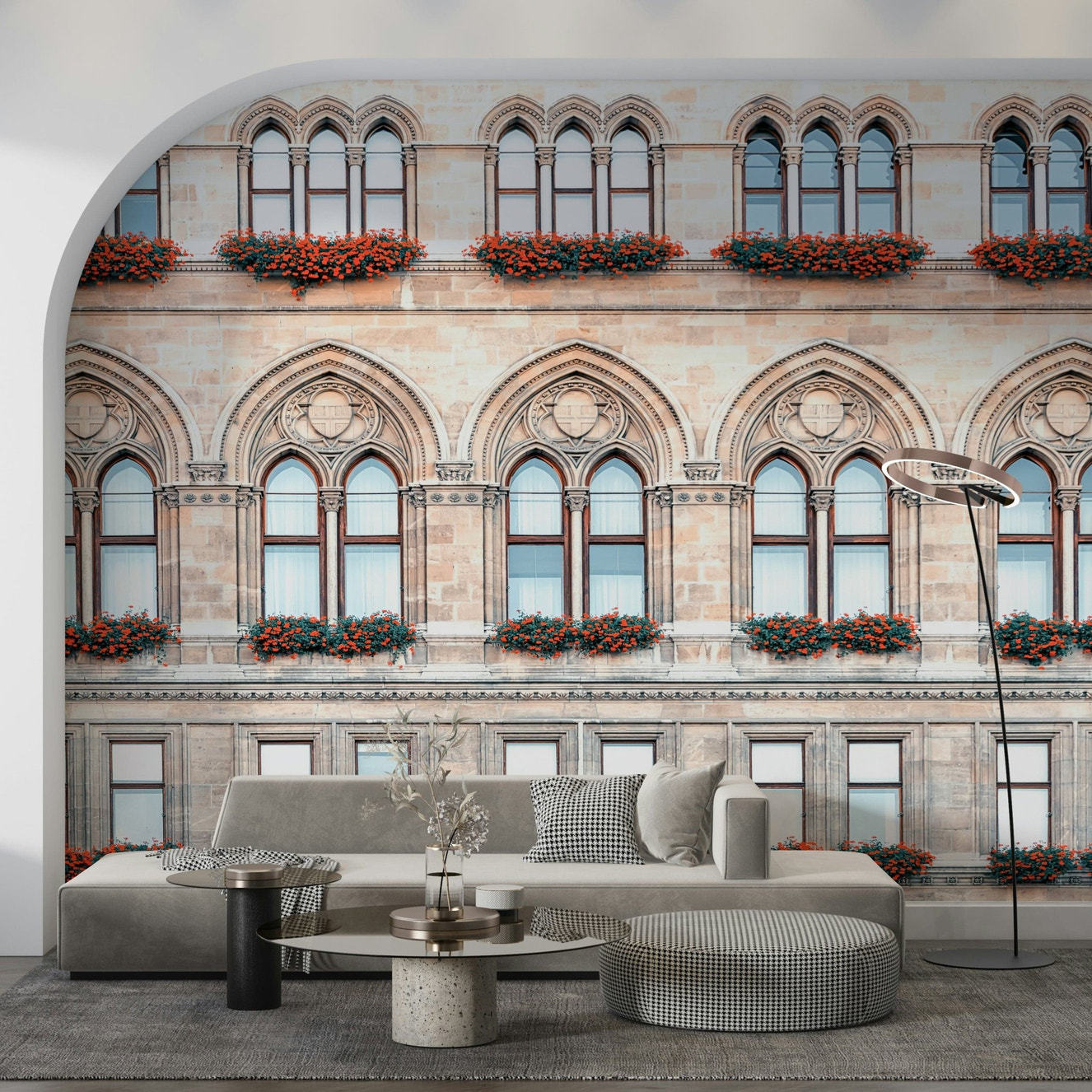 Detailed arched windows design in Vienna facade wall mural