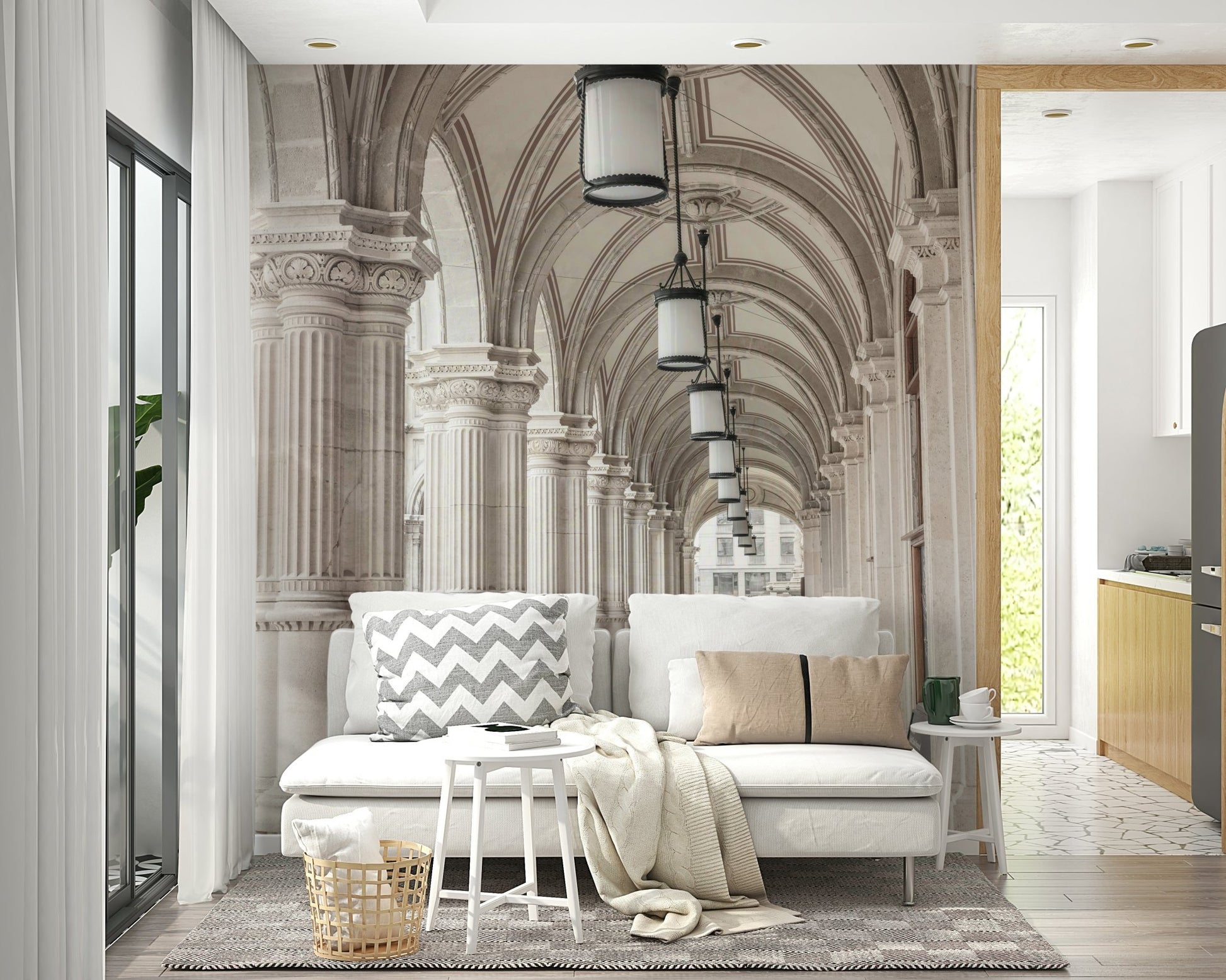 Grand hallway mural wallpaper with arches


