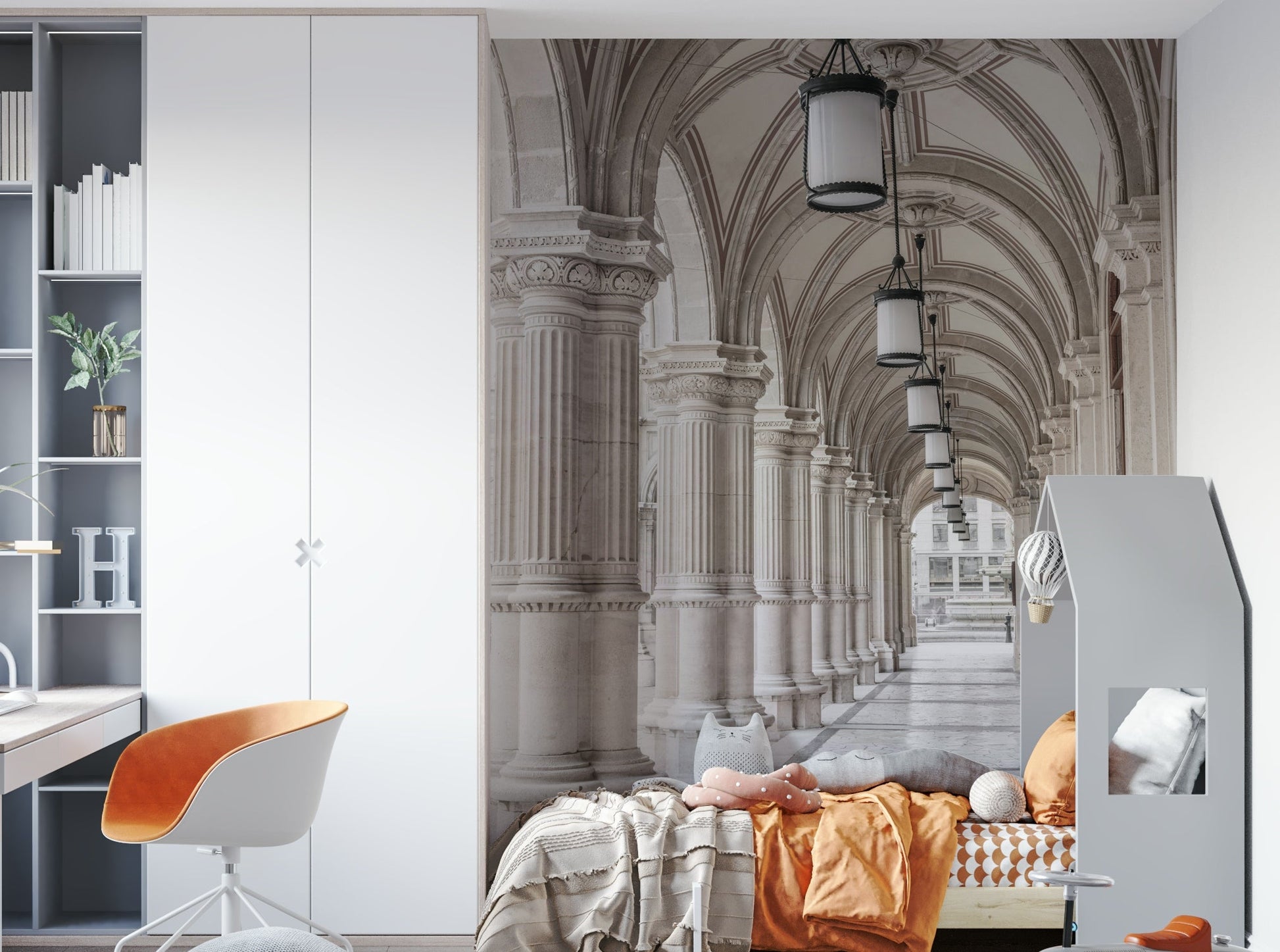 Architectural wallpaper for walls with lanterns

