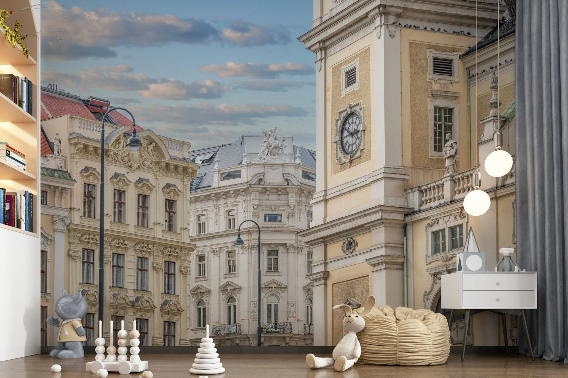 European architecture wall mural in hallway, Vienna-inspired streetscape, soft lighting