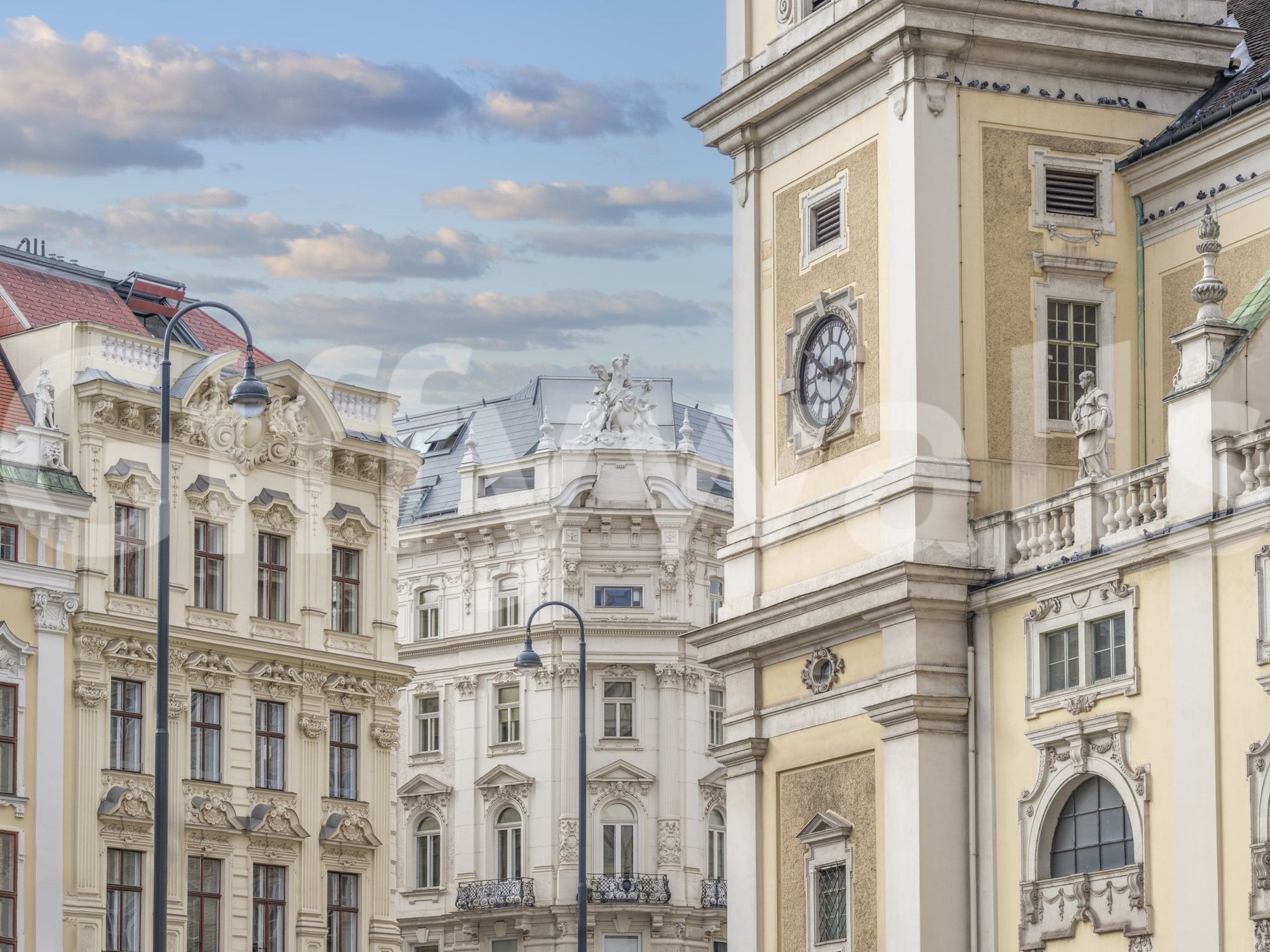 Vienna façade mural in entryway, European city style, soft color and texture feel
