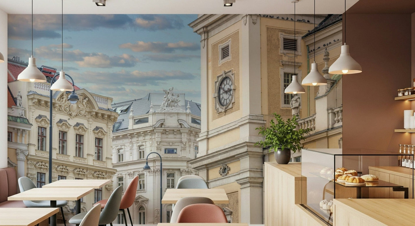 Architectural Vienna mural in meeting room, professional office wall decor, neutral tones