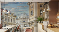 Architectural Vienna mural in meeting room, professional office wall decor, neutral tones