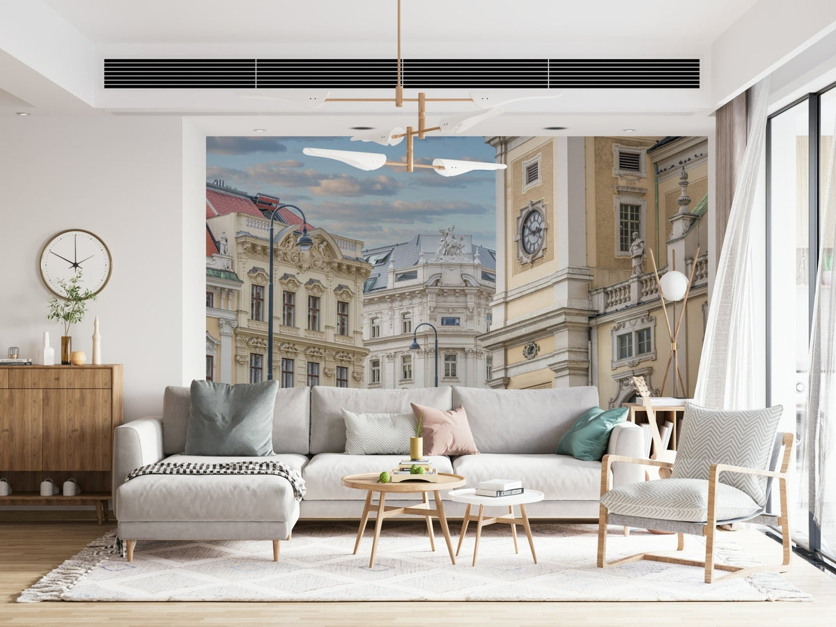 Vienna architecture mural in modern living room, neutral color palette, feature wall