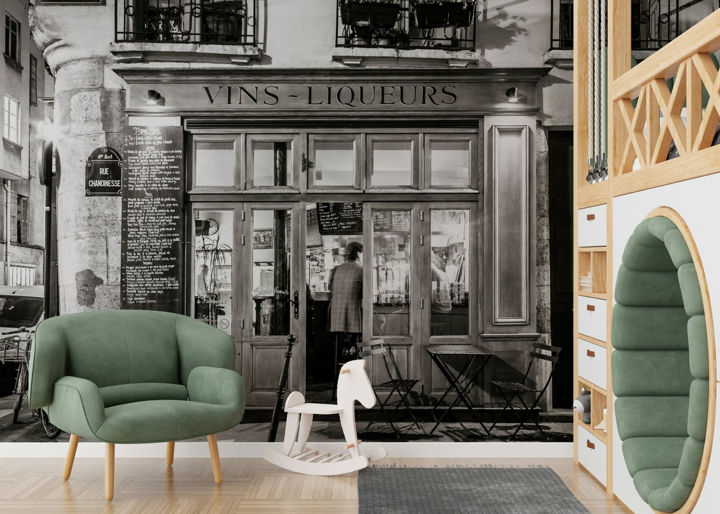 Vintage black and white wine store mural, cobblestone street view.