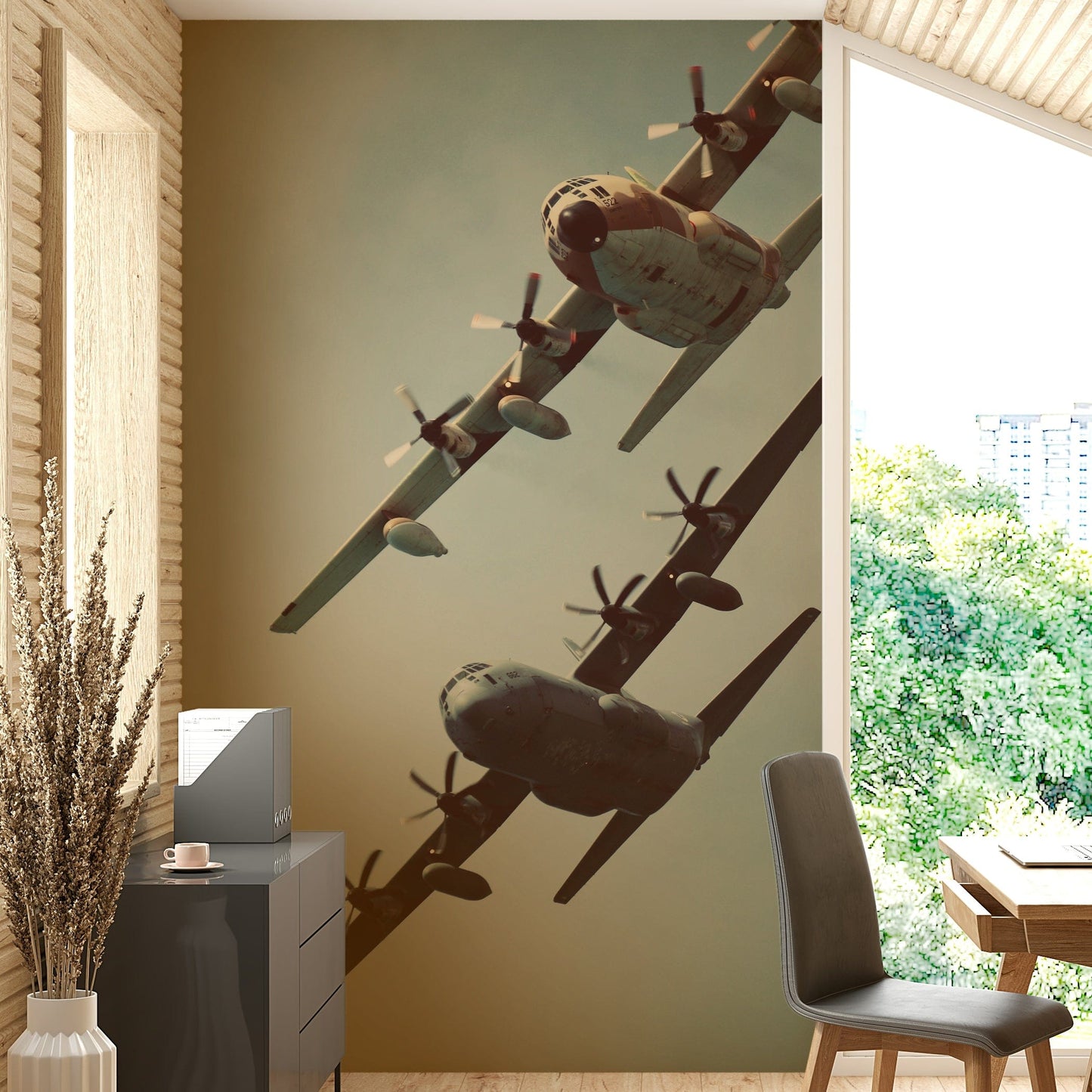 An artistic couple-focused mural on minimalist wallpaper.

