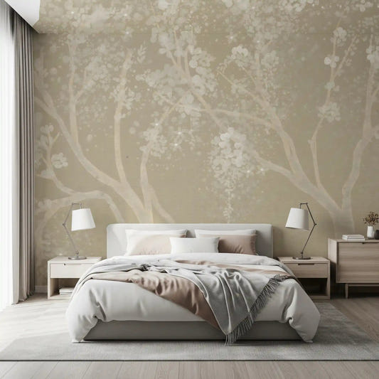 Vintage beige Sakura cherry blossom wallpaper in a modern living room setting.