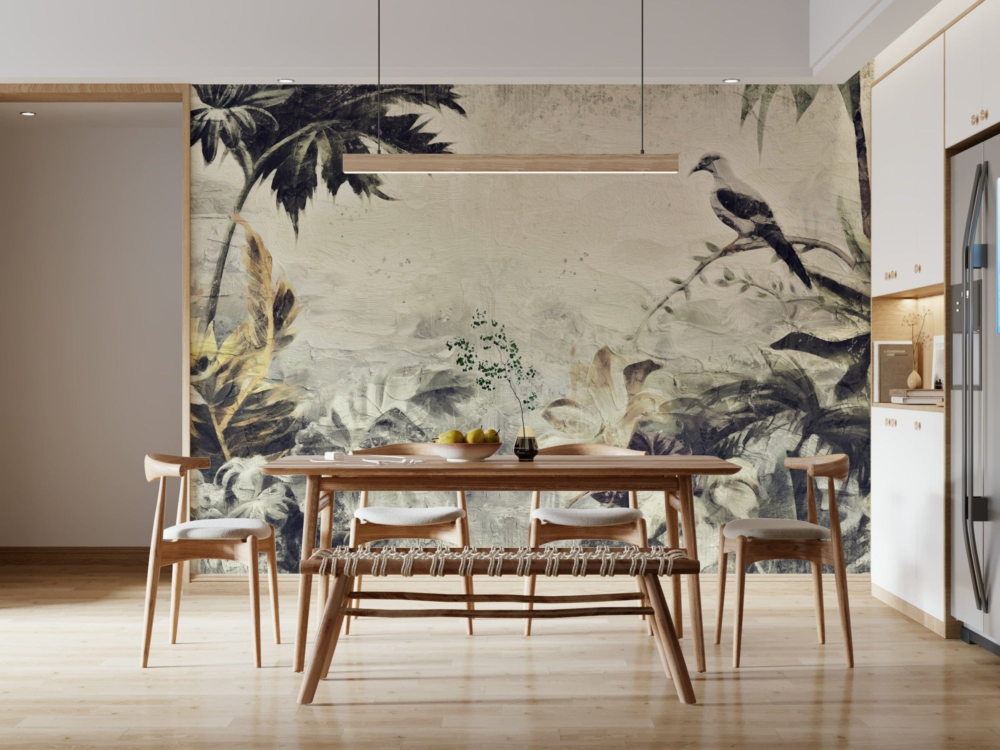 Vintage Bird Haven wallpaper mural with a perched bird and palms on aged plaster behind a wood dining table and bench