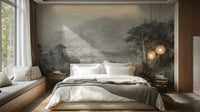 Black and white etching-style nature wallpaper design
